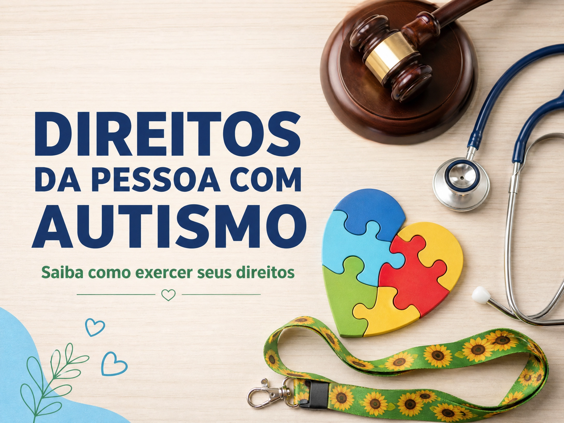 Capa da cartilha Direitos da Pessoa com Autismo, com martelo de juiz, estetoscópio, coração de quebra-cabeça colorido e cordão de girassol