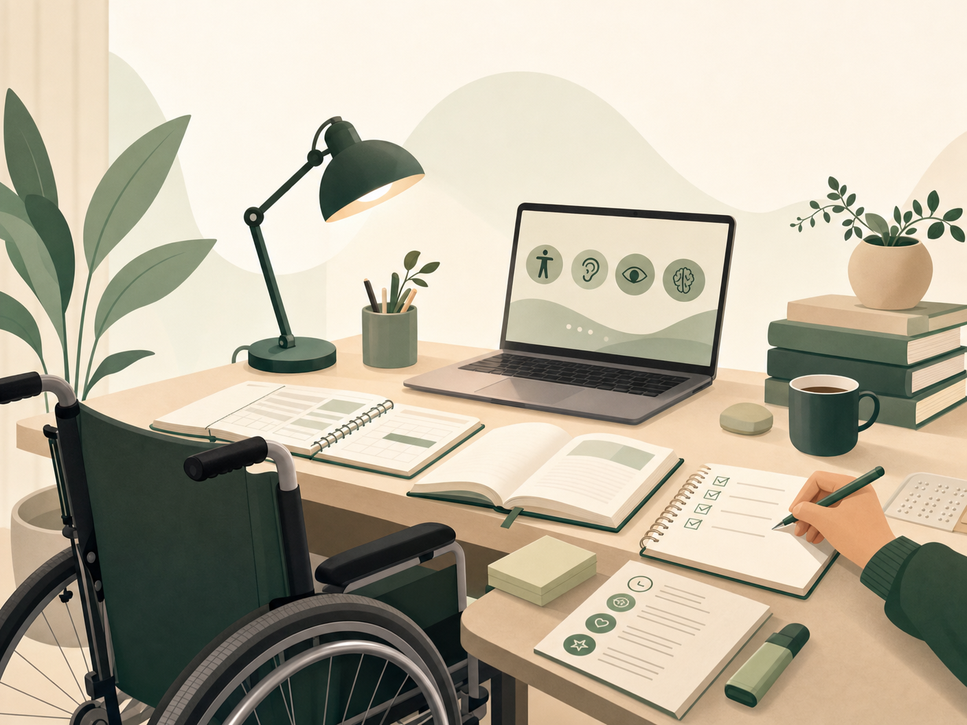 Ilustração de estudos inclusivos com livros, tecnologia e acessibilidade