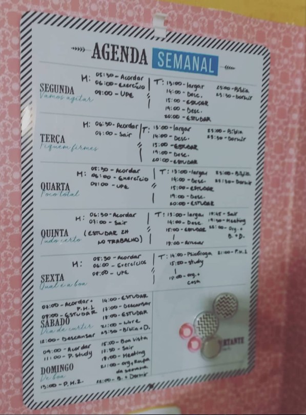 Agenda semanal real da Pâmela, com a rotina de estudos escrita à mão