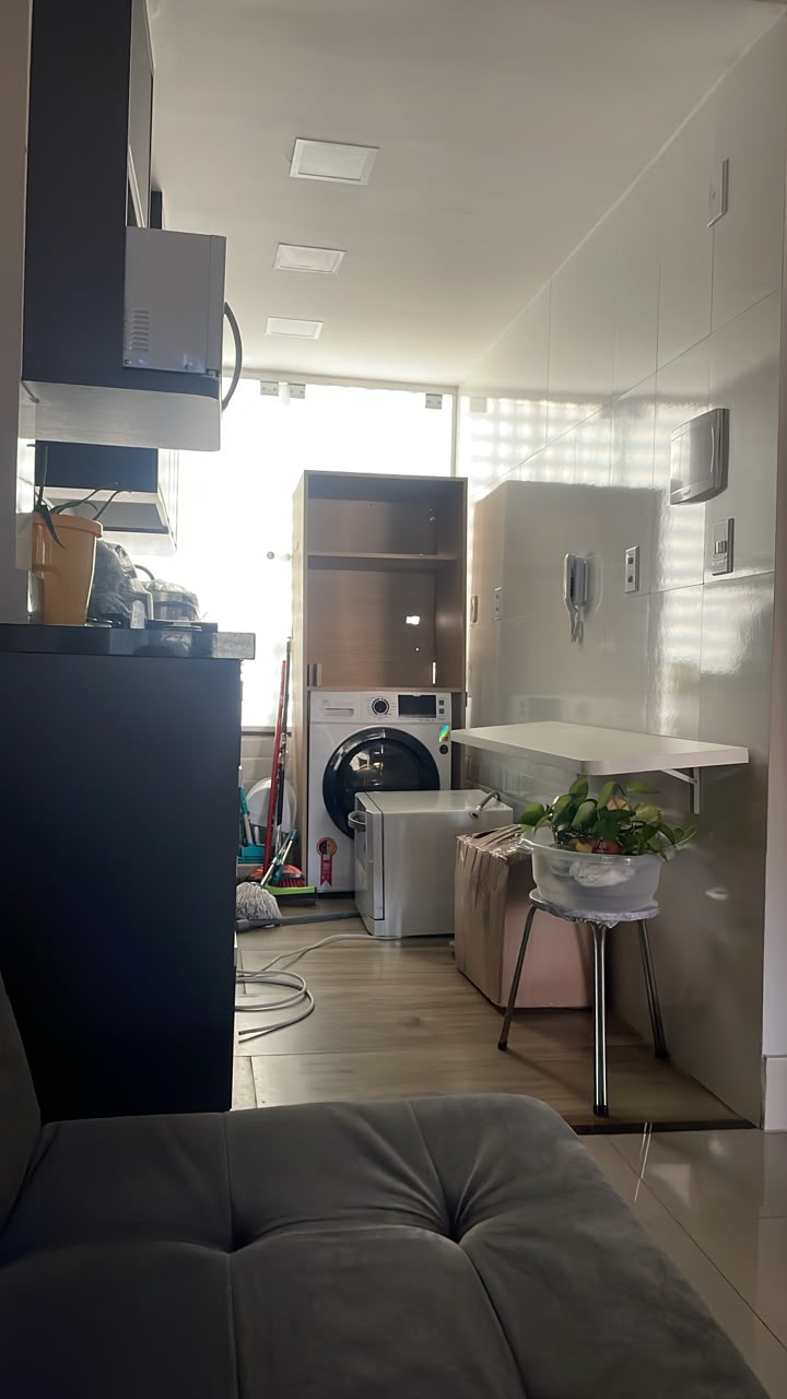 Cantinho do apartamento da Pâmela, com cozinha organizada, lavanderia e uma planta sobre a banqueta
