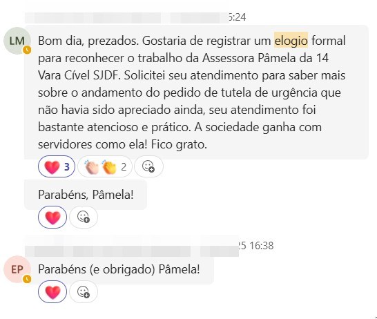 Print de um elogio formal registrado por um advogado, reconhecendo o atendimento atencioso e prático da assessora Pâmela e dizendo que a sociedade ganha com servidores como ela