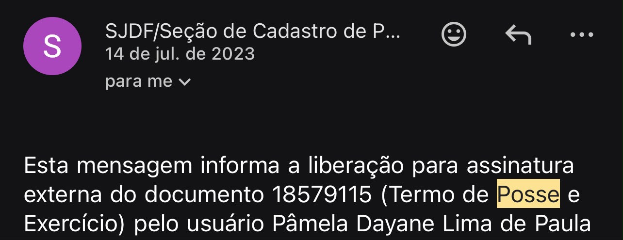 Print do e-mail da Seção de Cadastro da SJDF, de 14 de julho de 2023, informando a liberação para assinatura do Termo de Posse e Exercício de Pâmela Dayane Lima de Paula