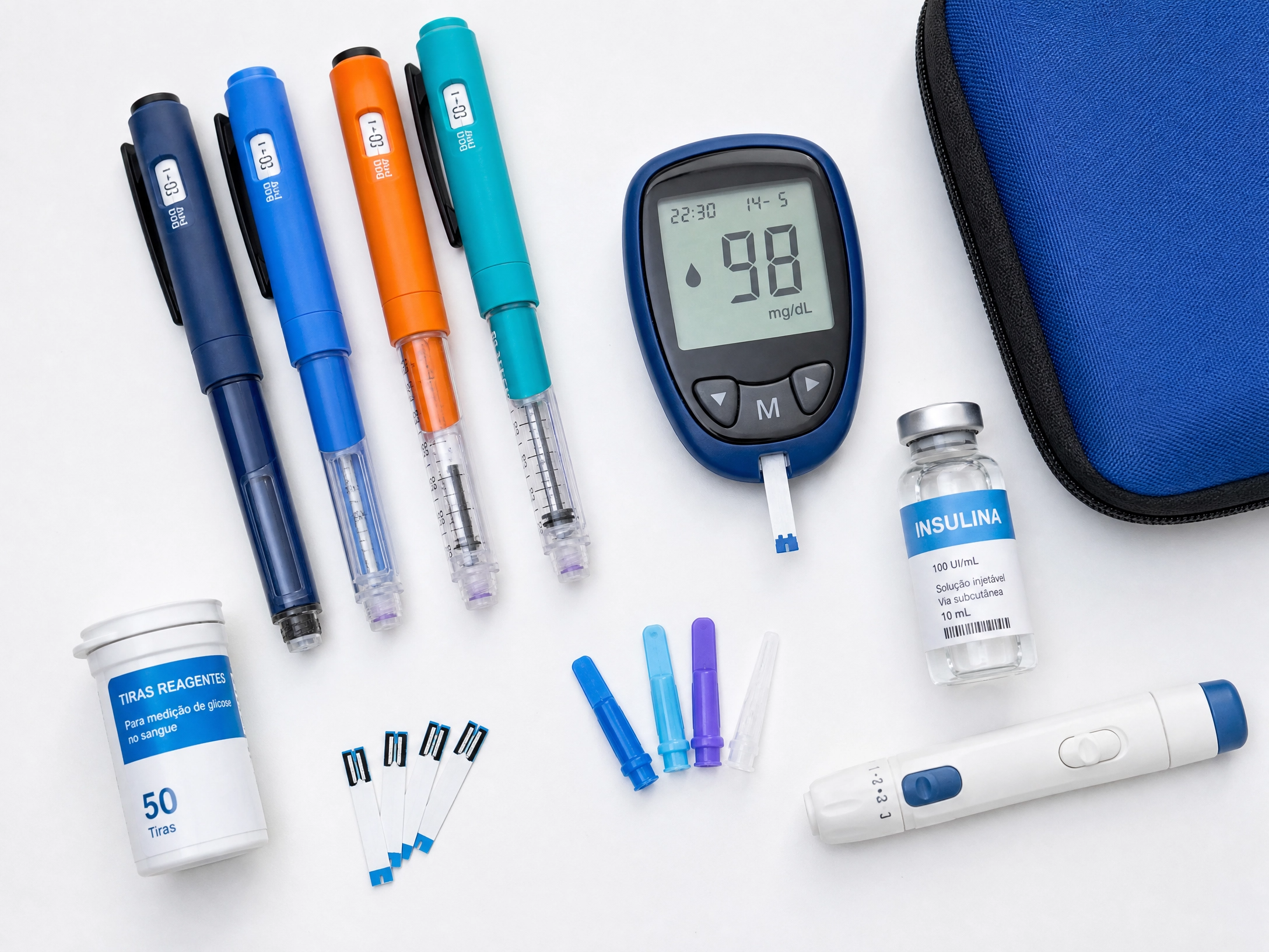 Kit de tratamento do diabetes tipo 1: canetas de insulina coloridas, glicosímetro marcando 98 mg/dL, frasco de insulina, tiras reagentes, lancetas e estojo azul